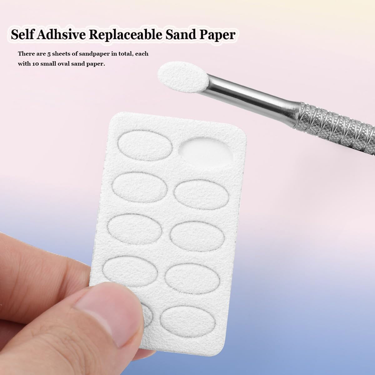 Close up of Kachimoo nail manicure tool with adhesive sandpaper attachment