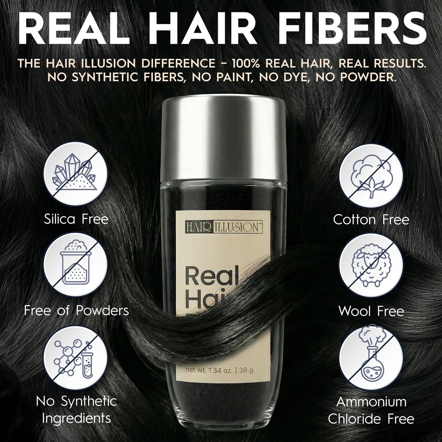 Hair Illusion 38 Gram bottle showcasing natural human hair fibers details