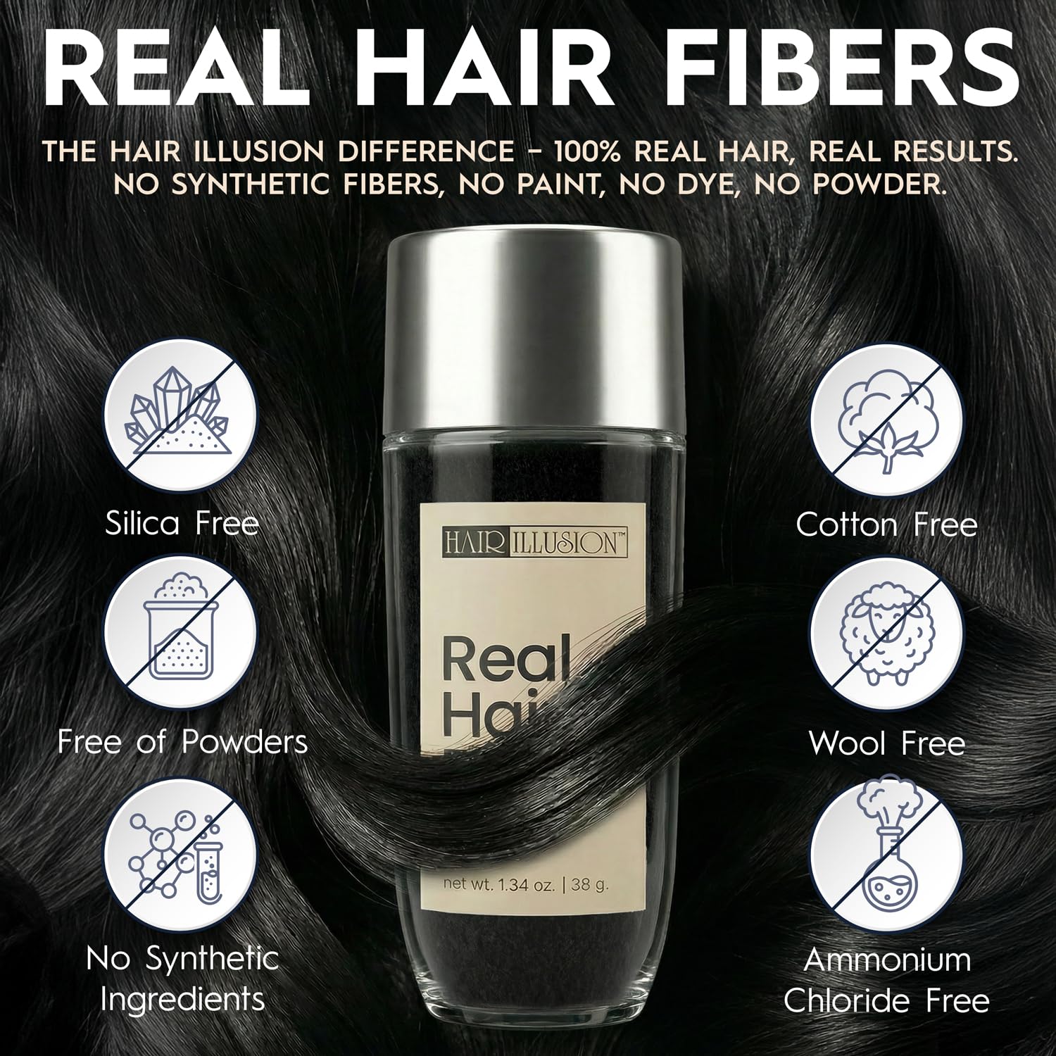 Hair Illusion 38 Gram bottle showcasing natural human hair fibers details