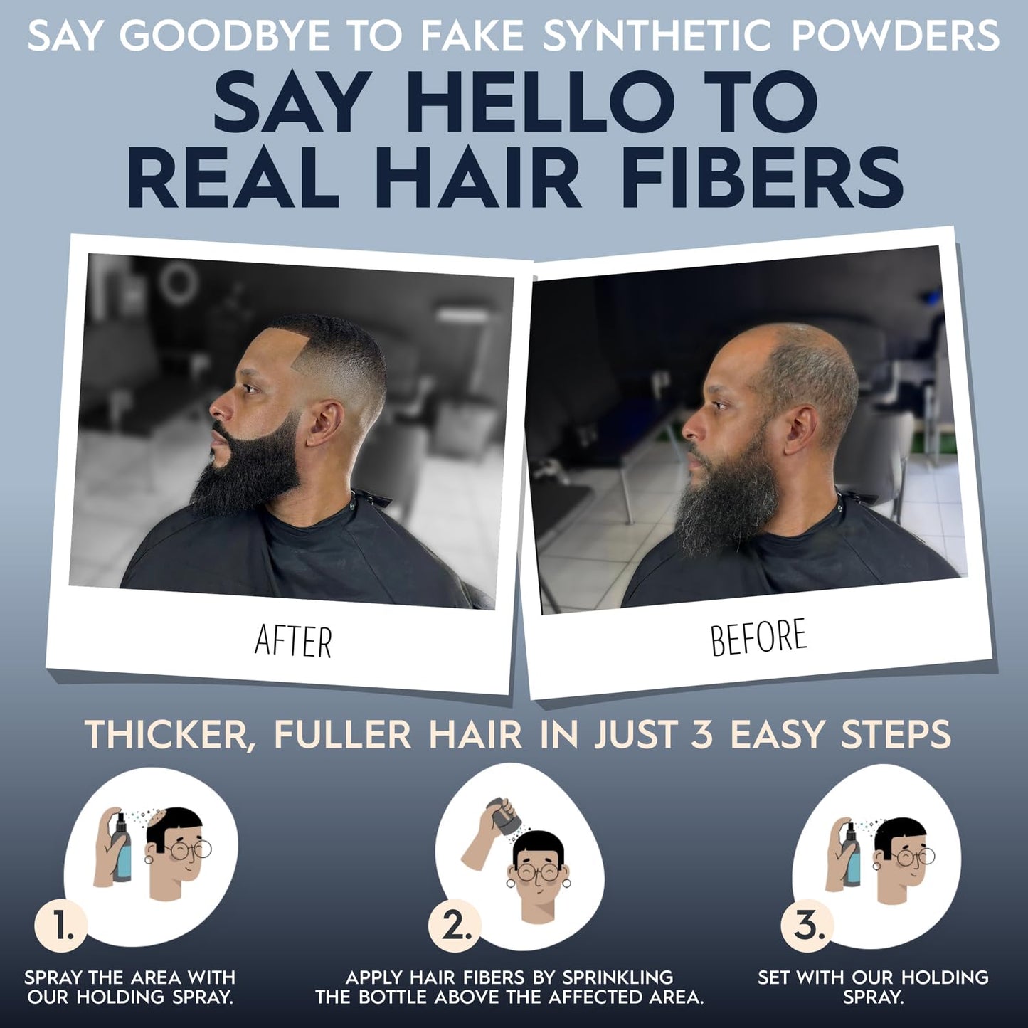 Black hair thickening building fibers bottle side view with ingredient information