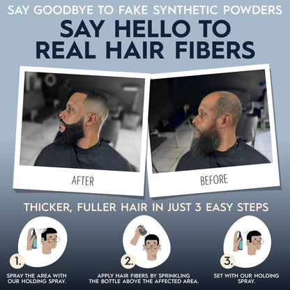 Black hair thickening building fibers bottle side view with ingredient information