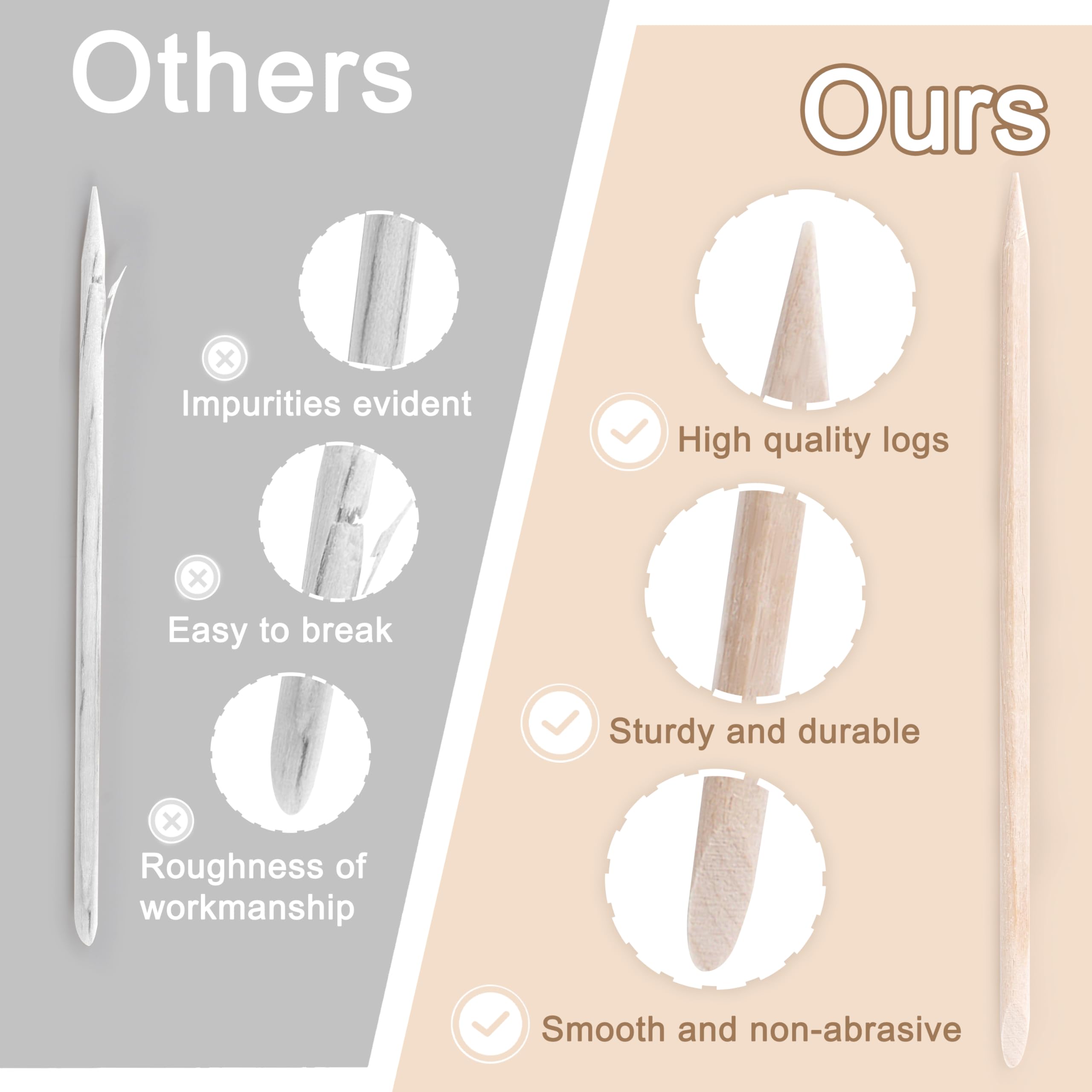 Close up of pointed and flat end orange wood nail tools