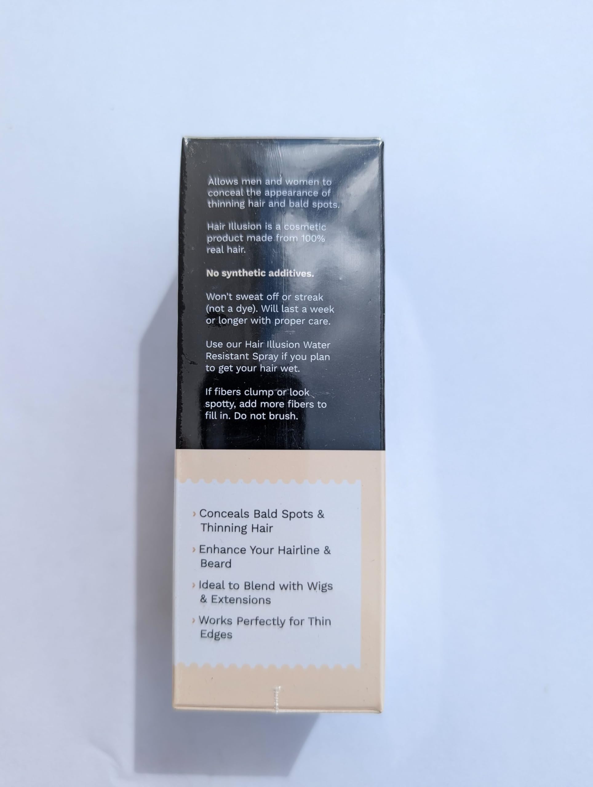 Real hair fibers for bald spot coverage showing premium bottle cap