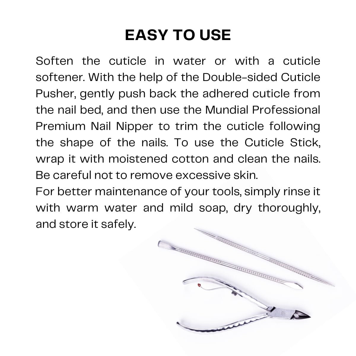 Top view of stainless steel nail care tools in original packaging