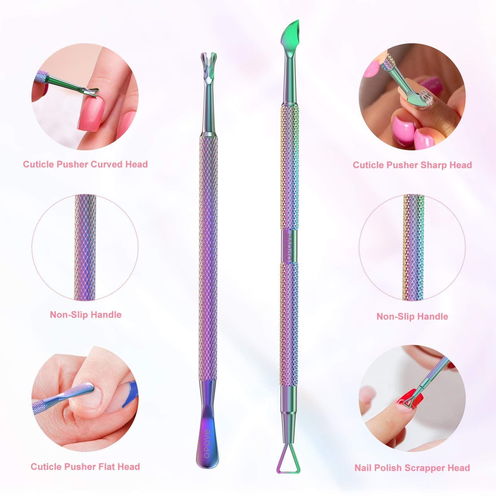 Professional stainless steel nail care tools in rainbow finish