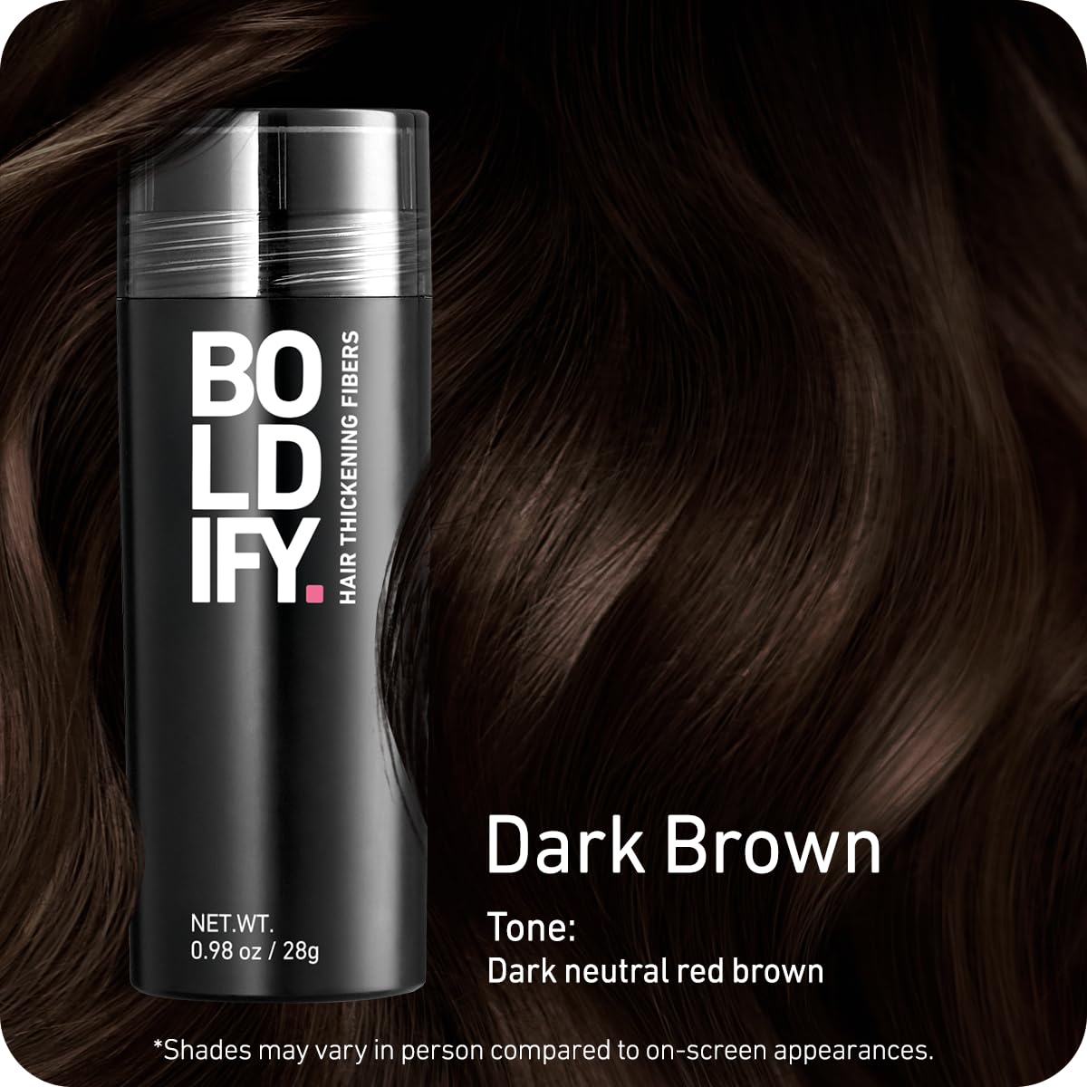 Authentic Boldify hair building powder being applied to a thinning crown for instant volume.