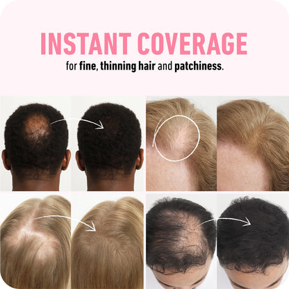 Close up view of clump proof dark brown hair filler fibers blending into fine hair roots.