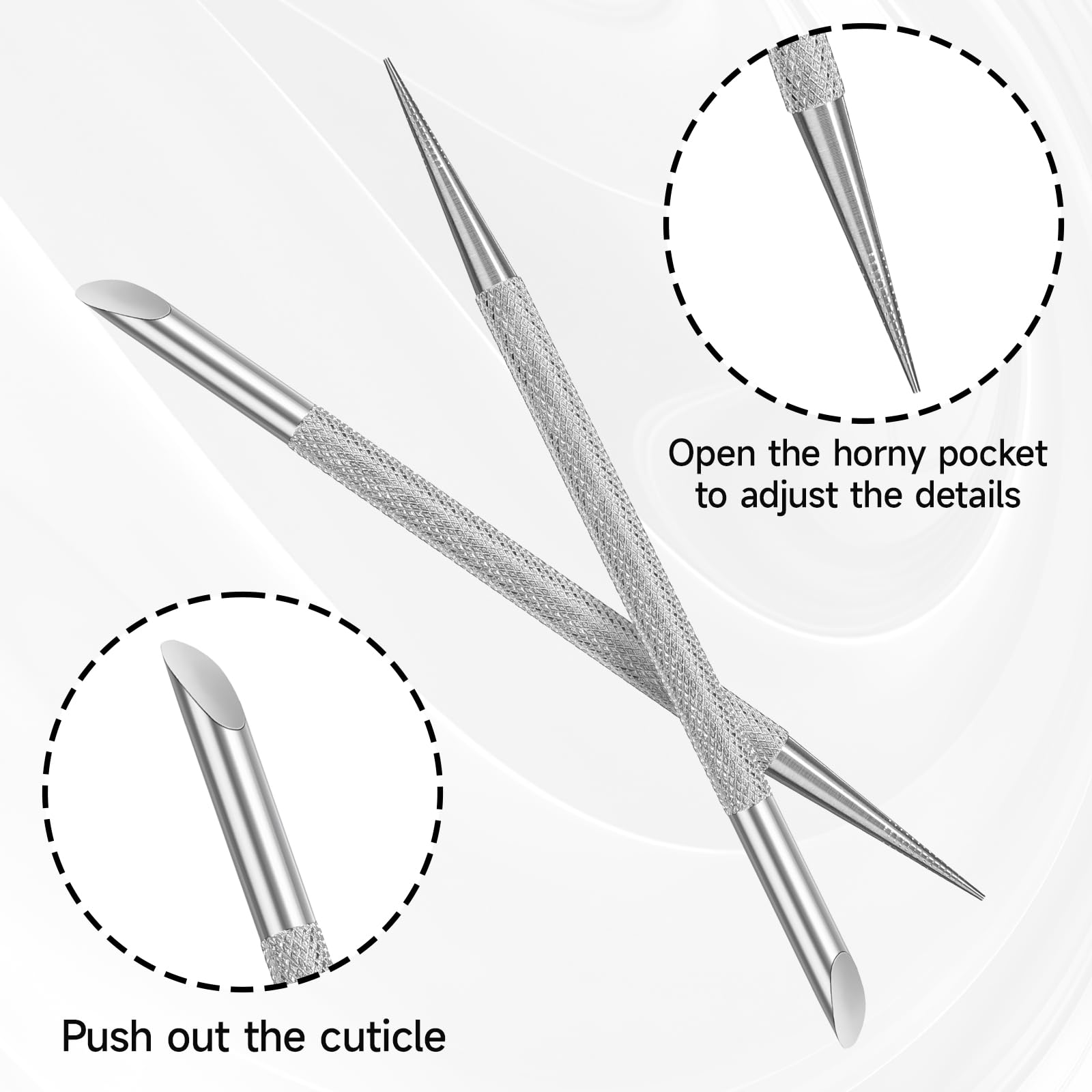 Two piece stainless steel cuticle remover kit for pedicures