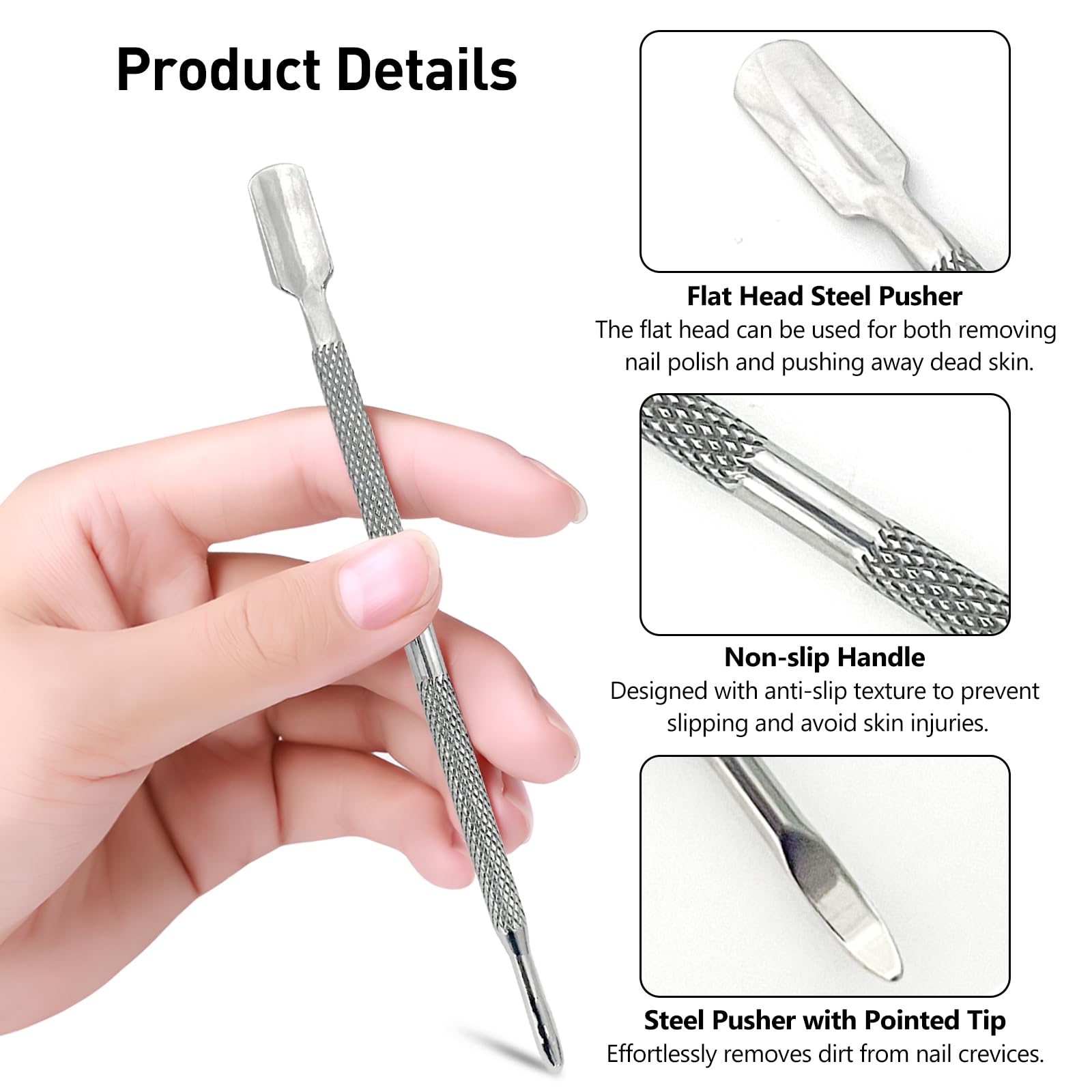 Close up of Kootinn stainless steel cuticle pusher dual ends
