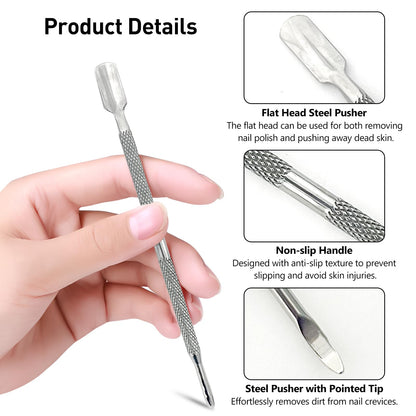 Close up of Kootinn stainless steel cuticle pusher dual ends
