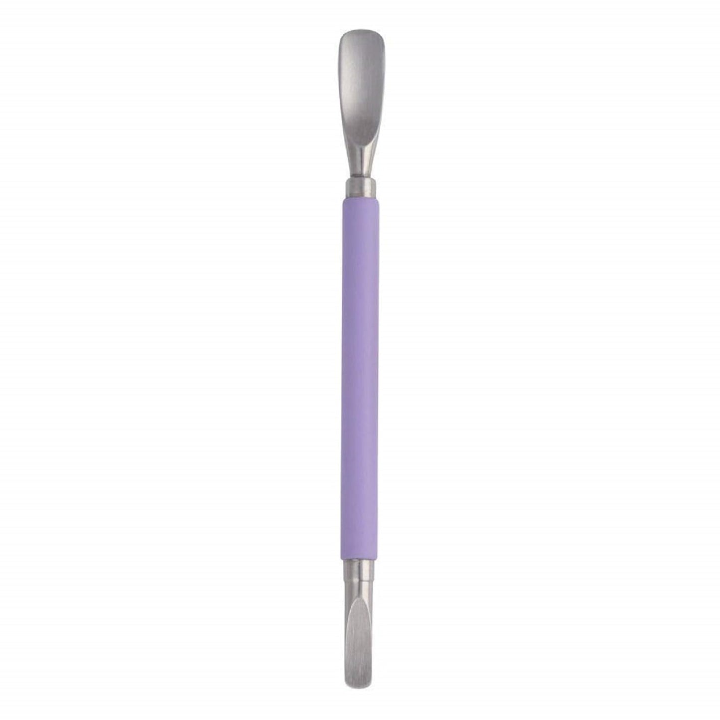 Close up of Tweezerman Dual Sided Pushy purple contoured scoop end