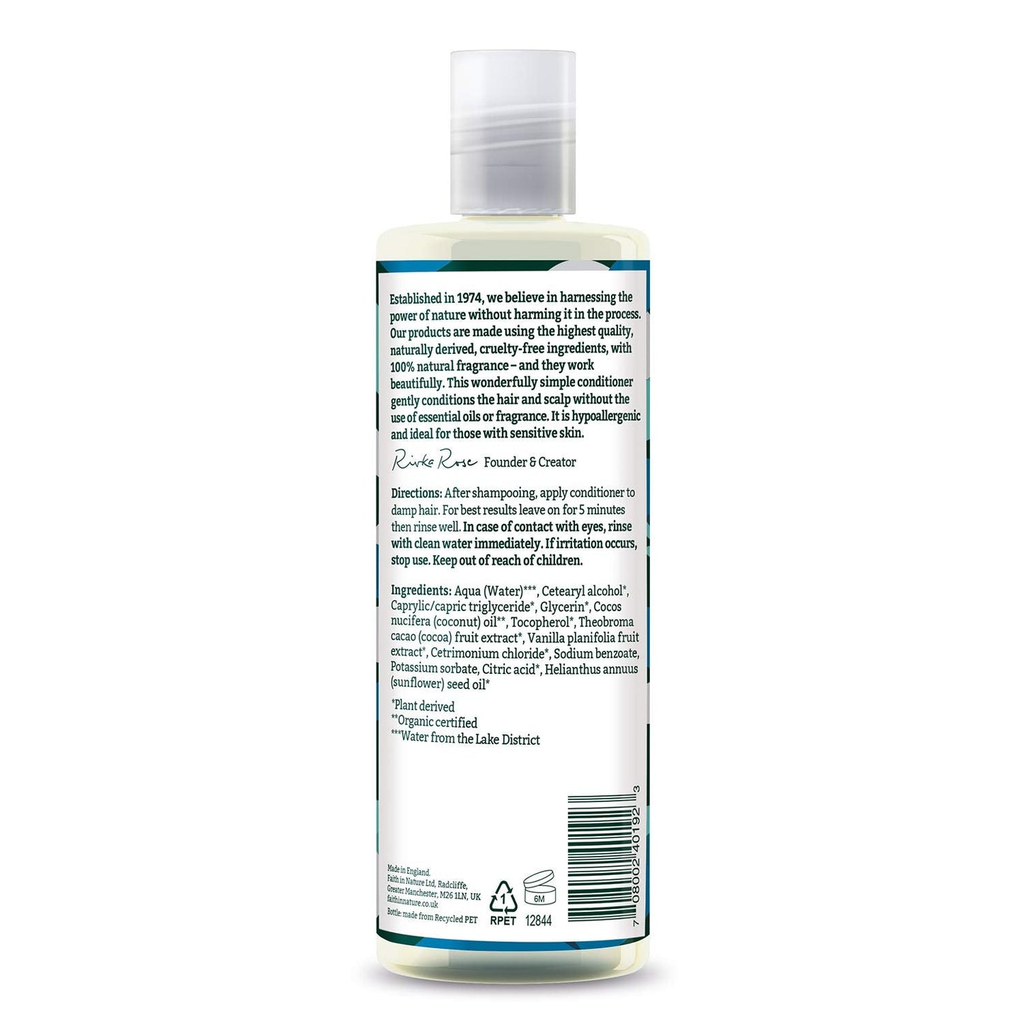 Faith In Nature unscented conditioner for sensitive scalp back view showing ingredients