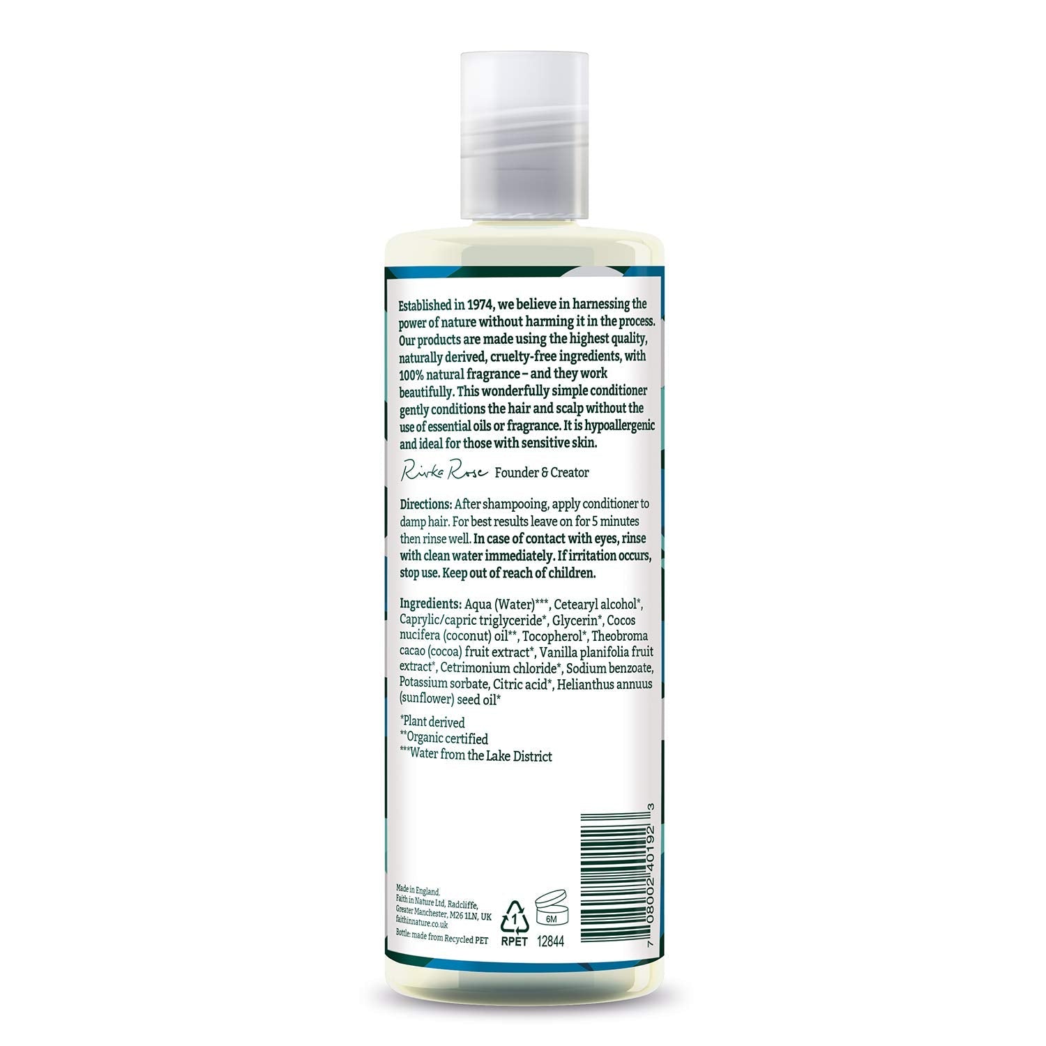 Faith In Nature unscented conditioner for sensitive scalp back view showing ingredients