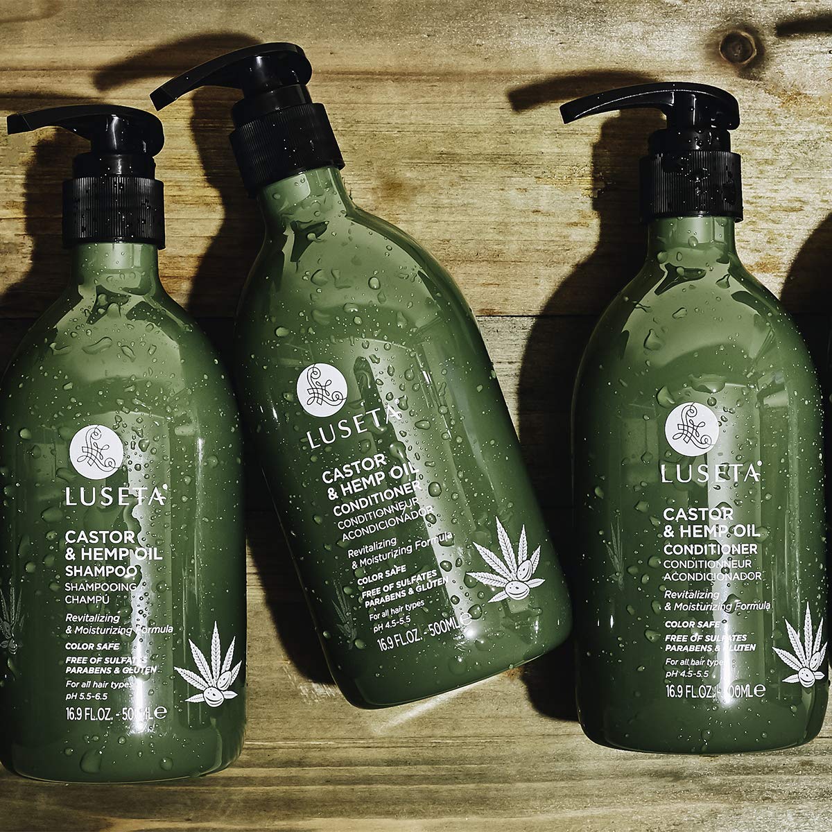 Close up of Luseta Castor and Hemp Oil shampoo label