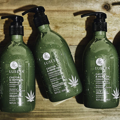 Close up of Luseta Castor and Hemp Oil shampoo label