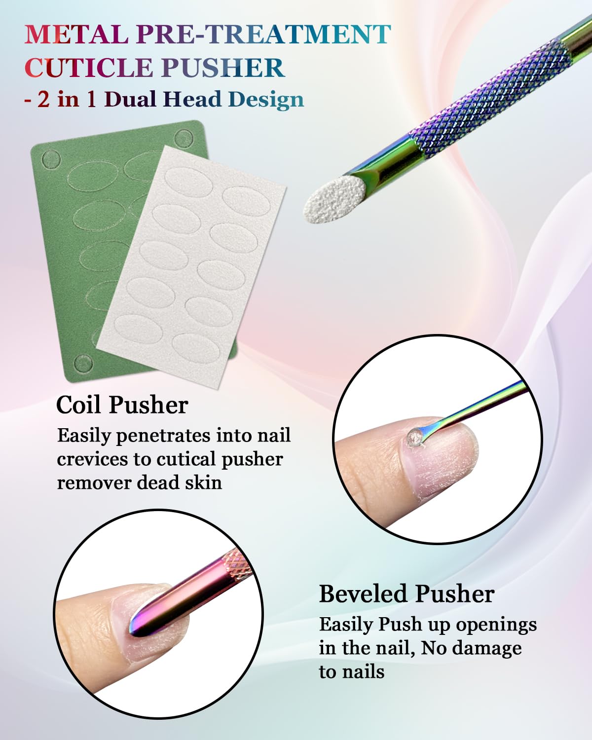 Close up of iridescent rainbow finish cuticle pusher