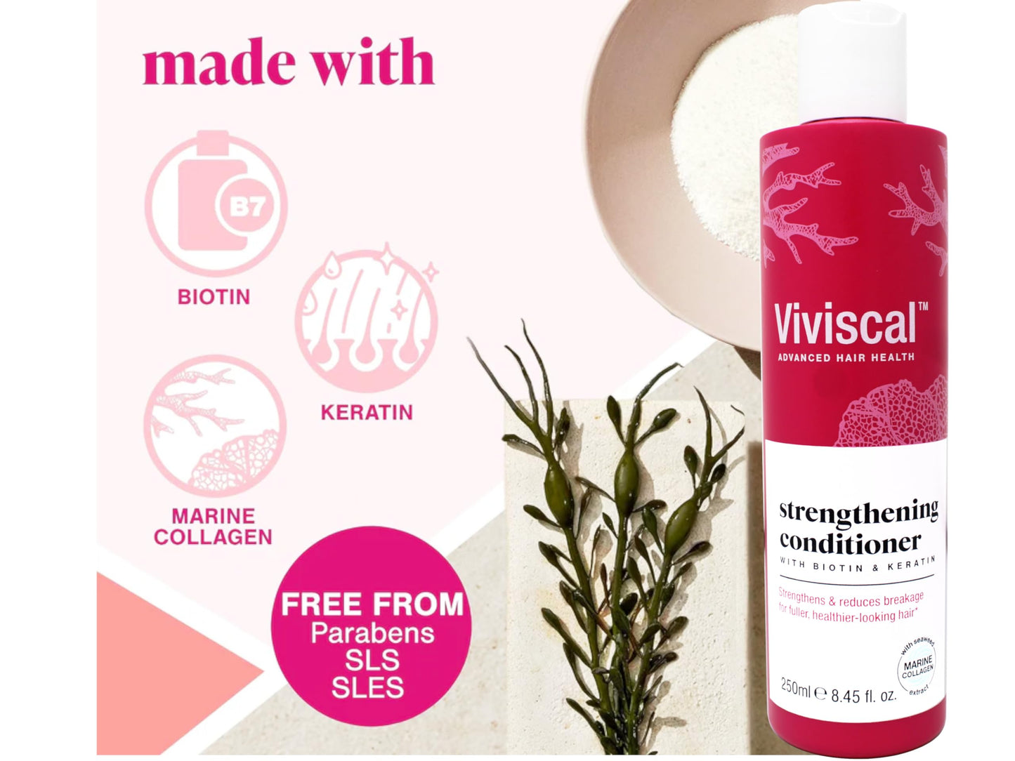 Back of Viviscal densifying conditioner tube with biotin and keratin formulation instructions