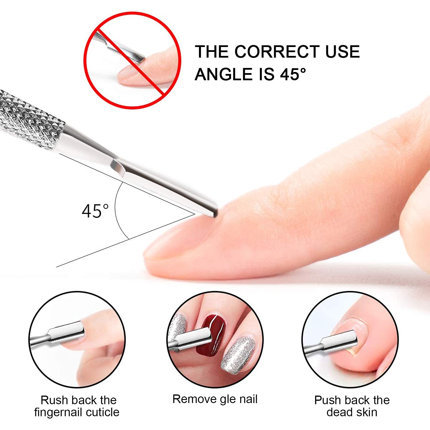 Close up of dual ended professional cuticle tool heads