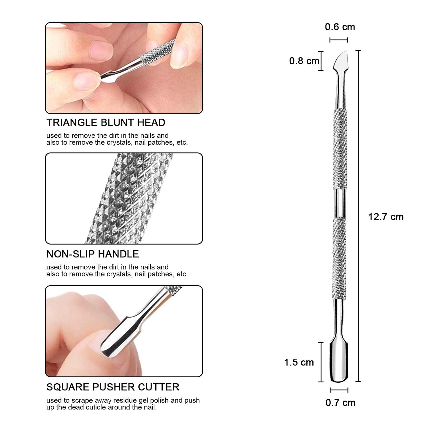 Textured non slip handle detail of Hofason cuticle pusher