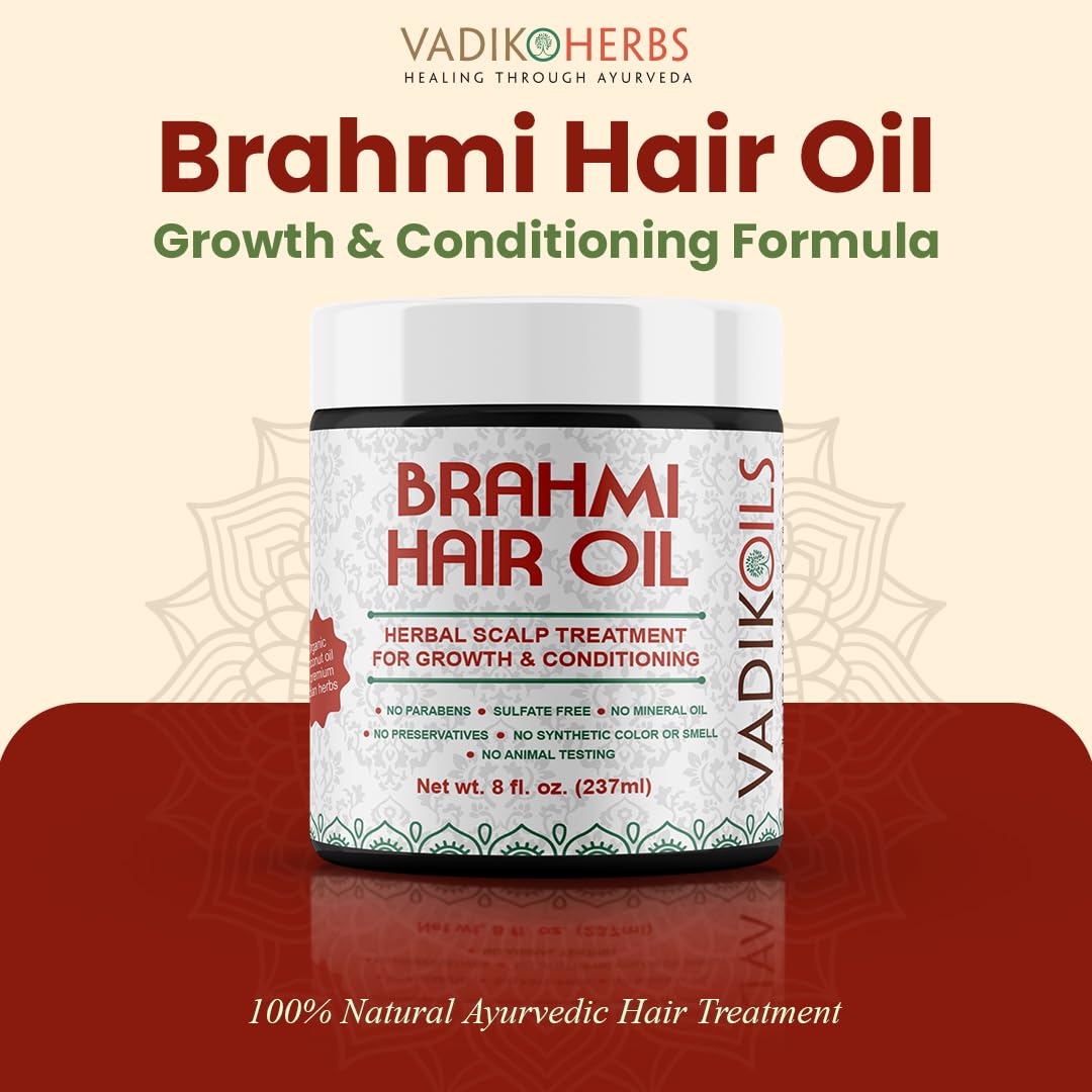 Vadik Herbs Brahmi Hair Growth Oil packaging highlighting the organic coconut oil and rosemary oil blend.