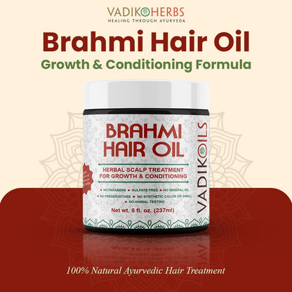 Vadik Herbs Brahmi Hair Growth Oil packaging highlighting the organic coconut oil and rosemary oil blend.