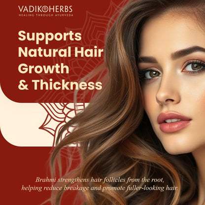 Side profile of Vadik Herbs Brahmi Oil displaying the natural herbal scalp treatment benefits and directions.