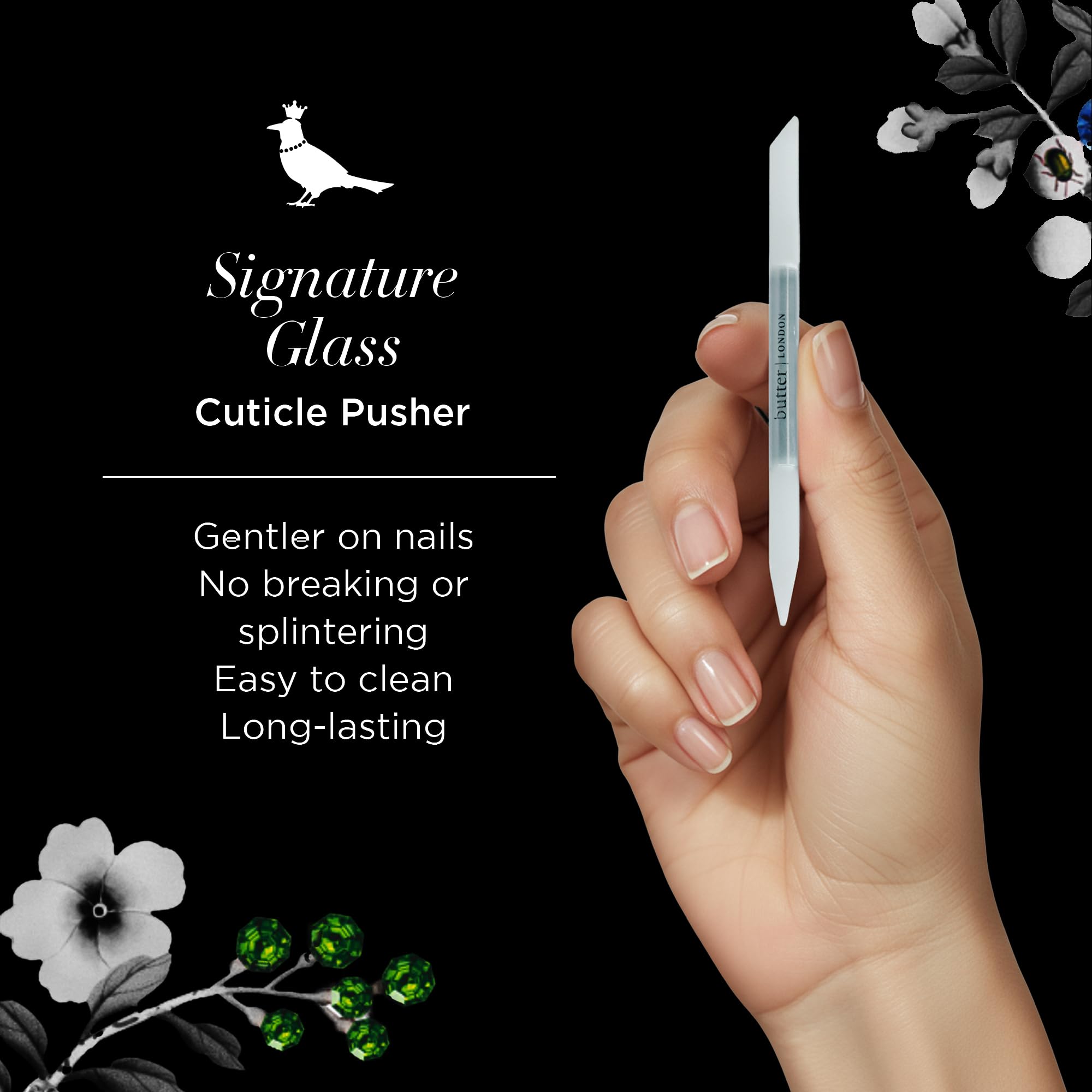 Close up of glass cuticle pusher beveled end