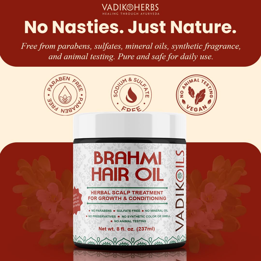 Close up of Vadik Herbs Brahmi Ayurvedic massage oil for dandruff reduction and deep conditioning.