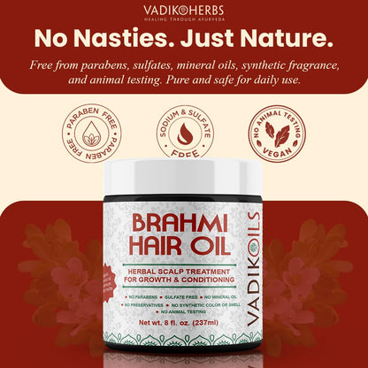 Close up of Vadik Herbs Brahmi Ayurvedic massage oil for dandruff reduction and deep conditioning.