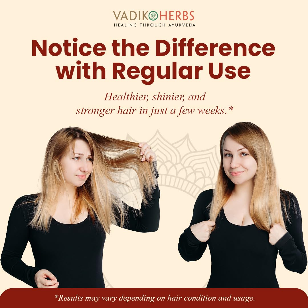 Vadik Herbs Brahmi Hair Oil showing sulfate free and paraben free product features.