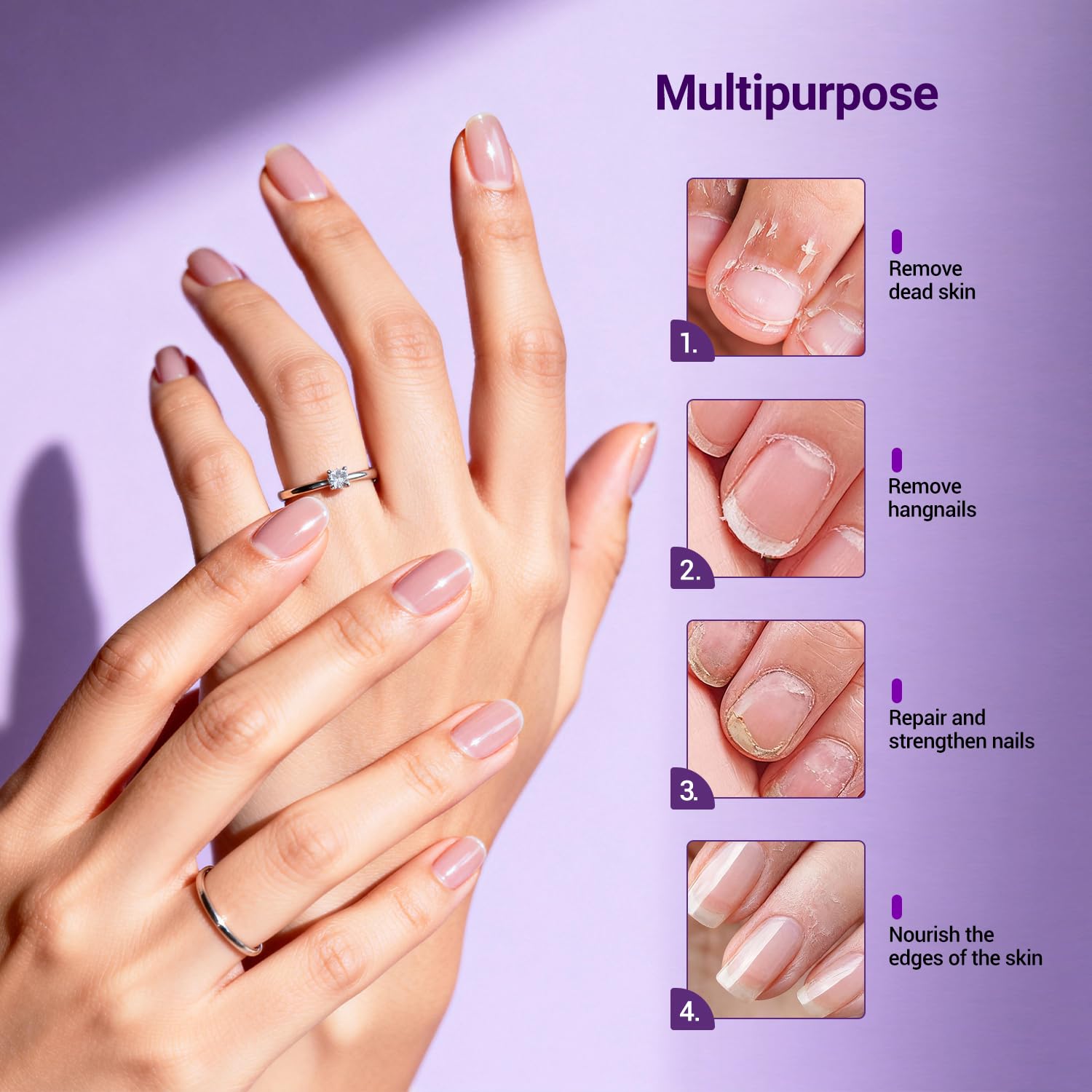 Lavender scented moisturizing oil being brushed onto dry cuticles.