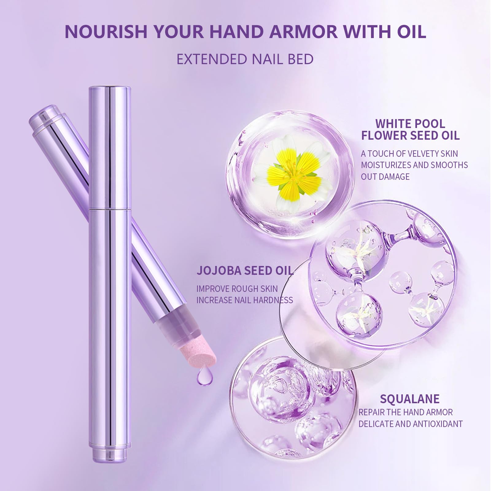 Gellen lavender-scented cuticle oil being dispensed from the rotating base mechanism onto damaged nail beds.