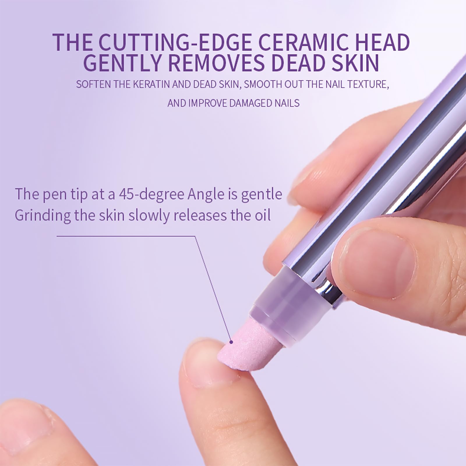 Gellen 3-in-1 nail care pen pushing back cuticles on a hand with dry skin.