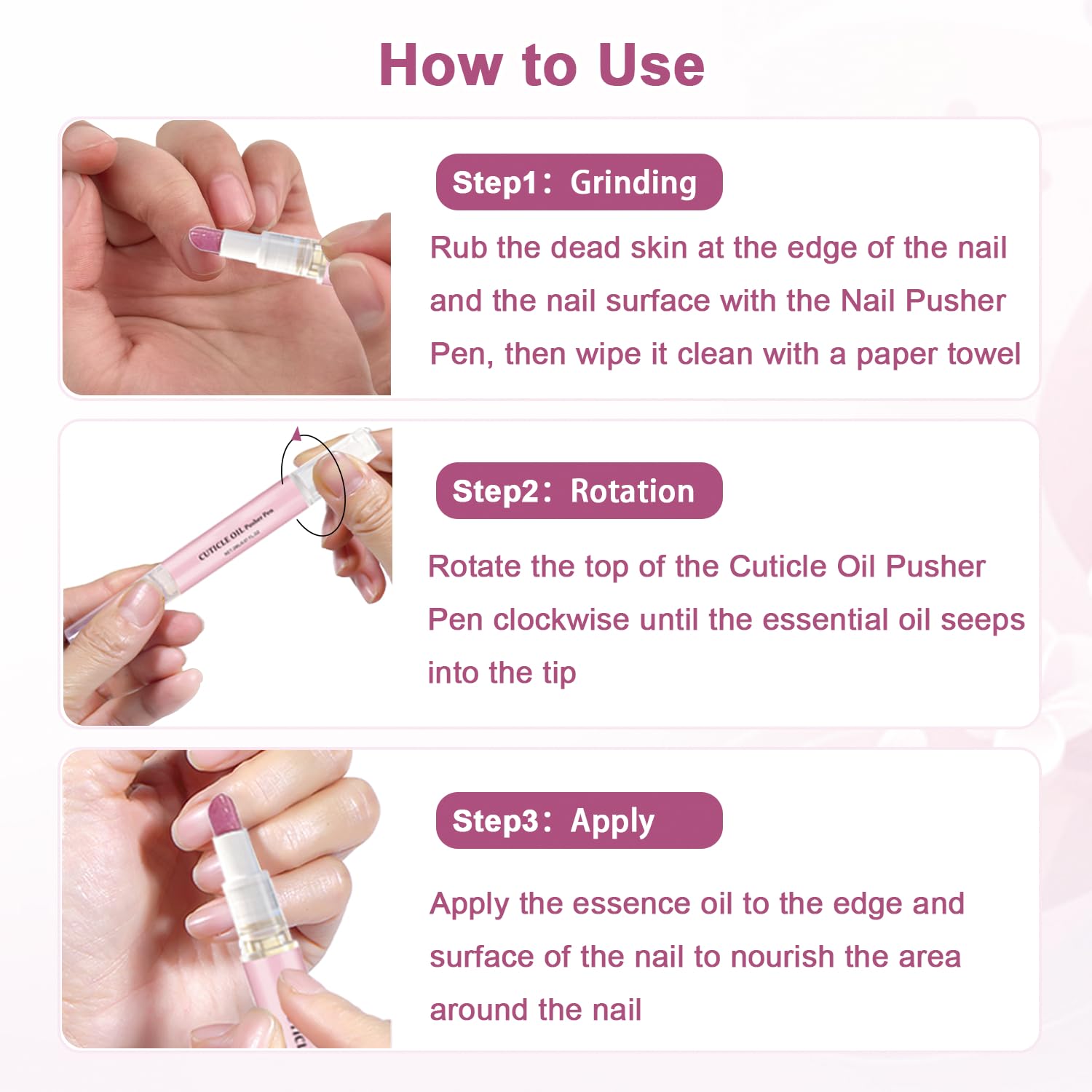Close up view of the angled pink corundum ceramic tip of the nail care pen gently lifting dead skin cells