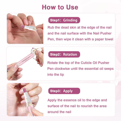Close up view of the angled pink corundum ceramic tip of the nail care pen gently lifting dead skin cells