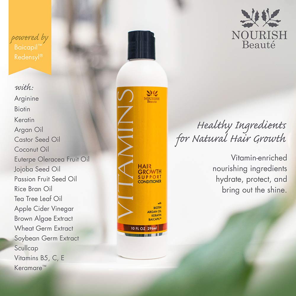 Nourish Beaute hair growth support conditioner label displaying biotin and DHT blocker details
