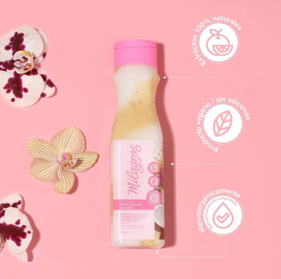 Back of Milagros hair treatment bottle showing ingredients