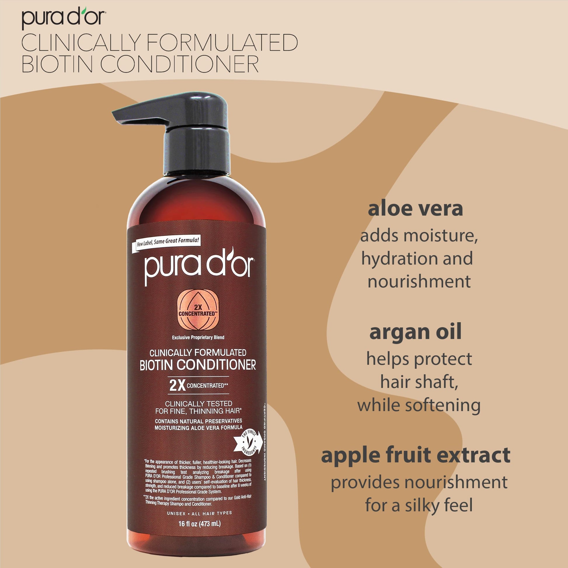 PURA D'OR clinically formulated hair thickening product showing the detailed ingredients list and instructions label