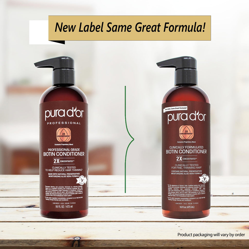 Pura D'or 16 fluid ounce bottle next to pump dispenser