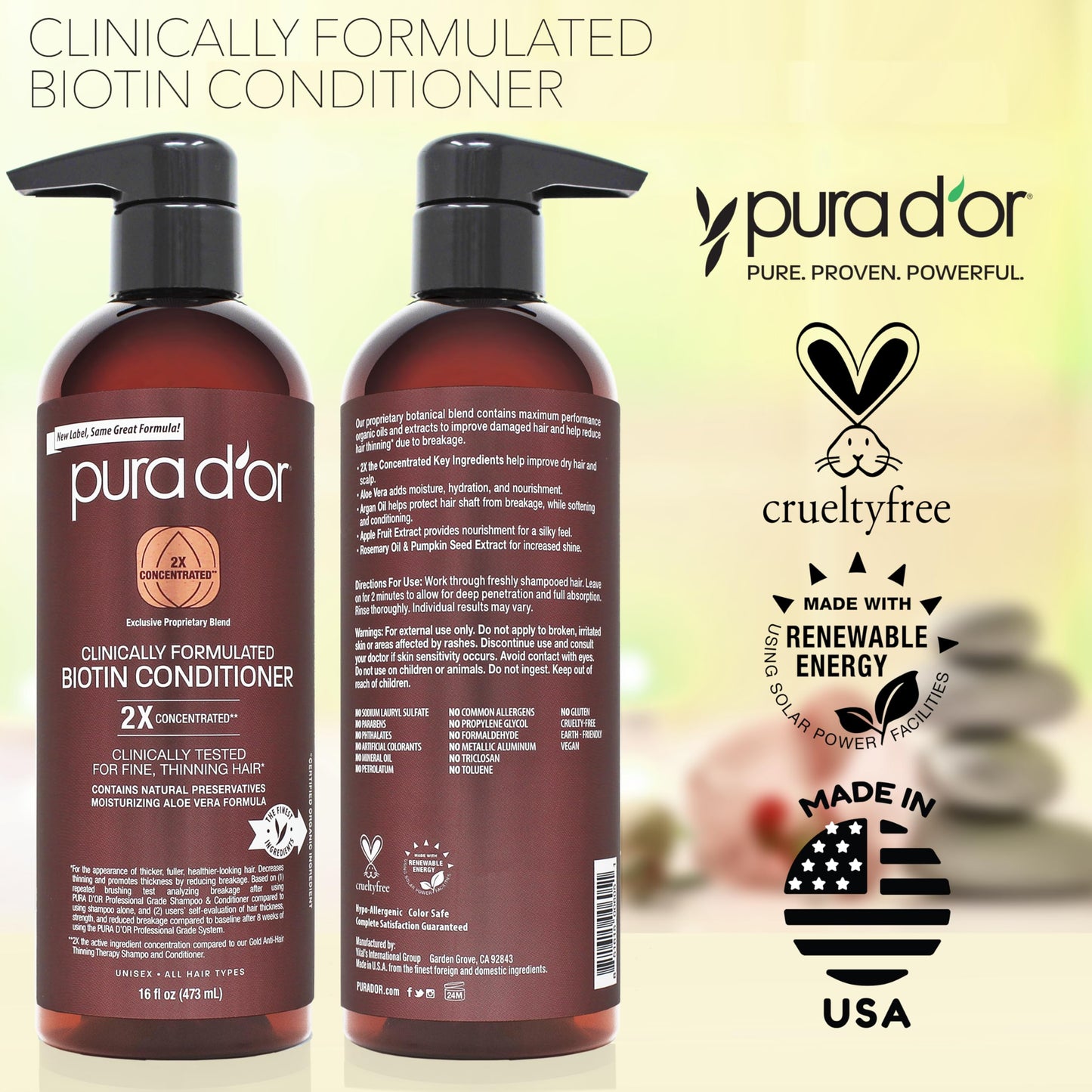 Close up view of the PURA D'OR double strength herbal blend formula highlighting its sulfate free and clean certifications