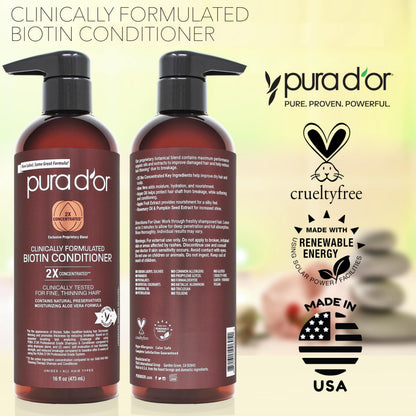 Close up view of the PURA D'OR double strength herbal blend formula highlighting its sulfate free and clean certifications