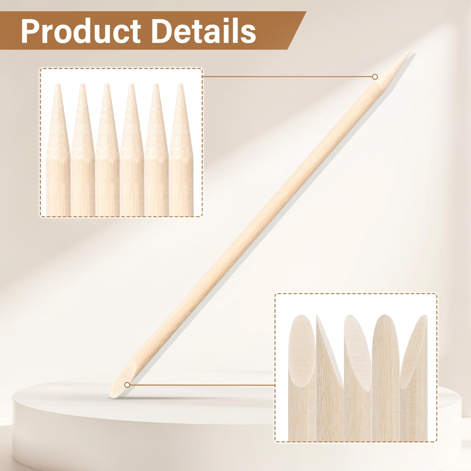 Close up of double sided orange wood stick pointed and flat ends