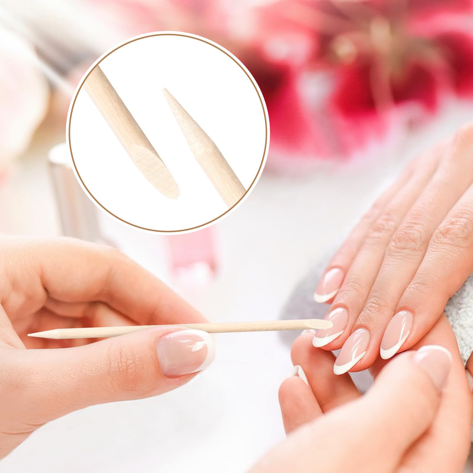 Using flat edge of orange wood stick for pushing cuticles