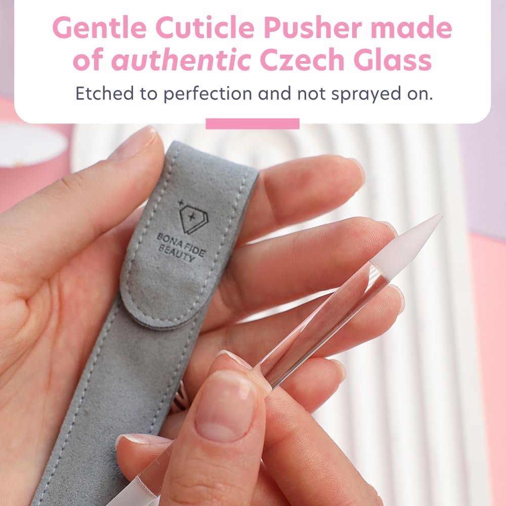 Close up of beveled end of glass cuticle pusher