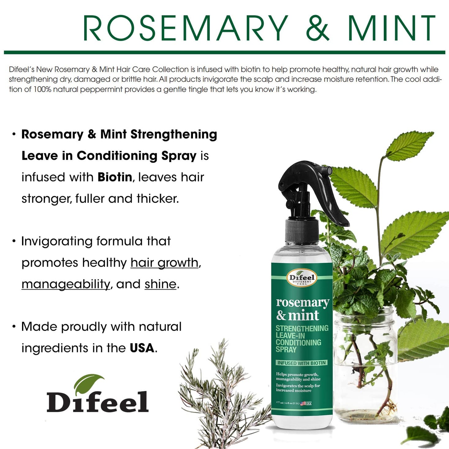 Difeel hair growth spray bottle with natural ingredients branding