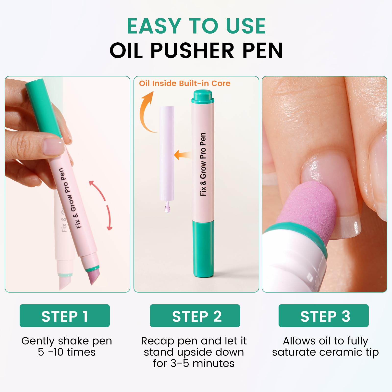Close up of the angled ceramic tip on the 3 in 1 cuticle remover pen dispensing lavender oil.