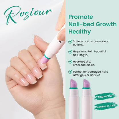 Yokilly cuticle remover buffer pen alongside its authentic packaging showing product benefits.