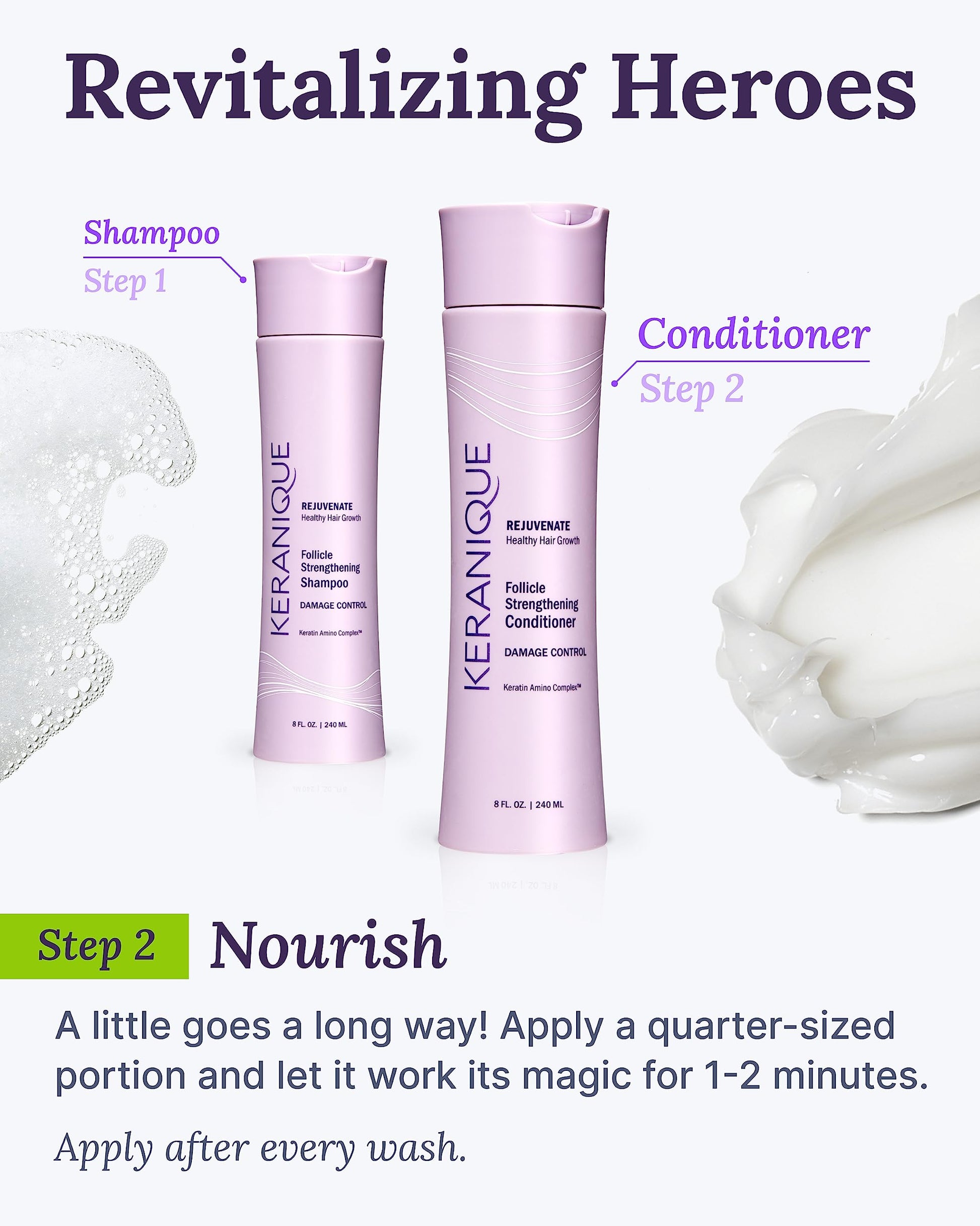 Keranique professional thinning hair care conditioner showing verification markings and product volume details.