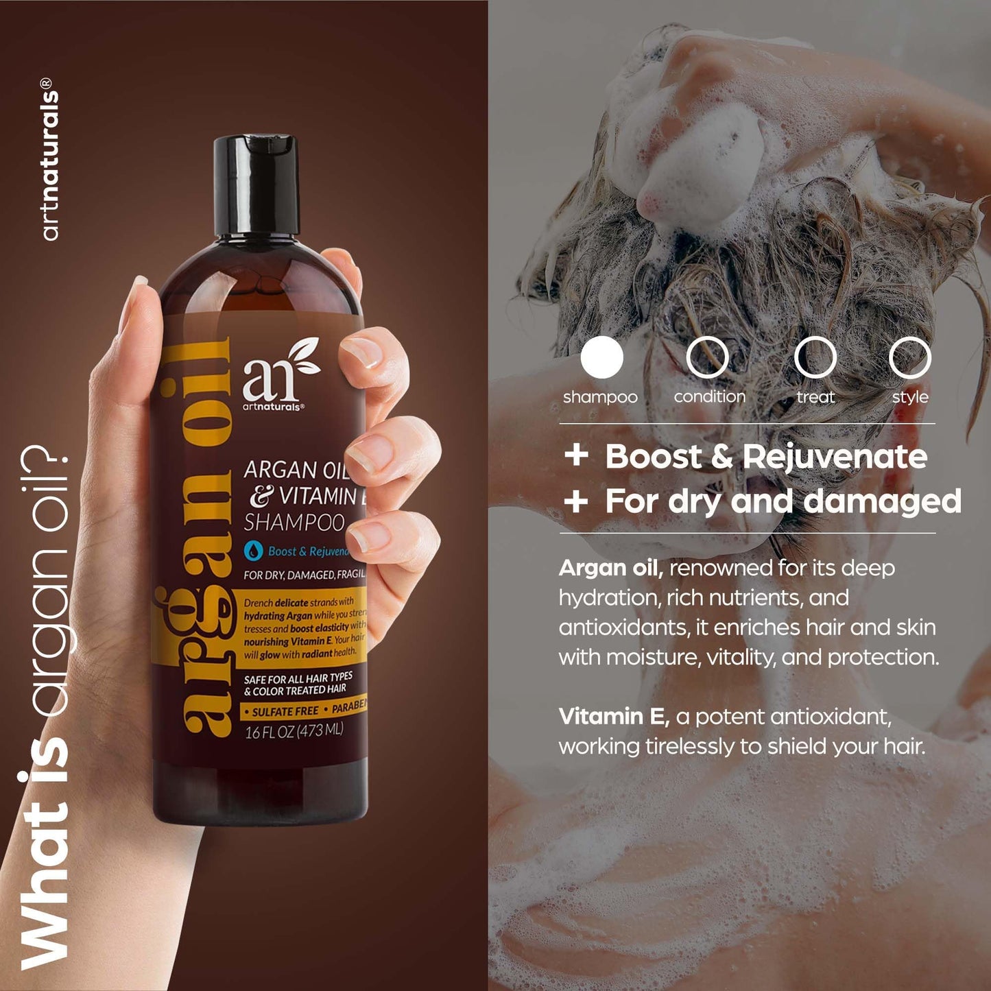 Back label of Artnaturals sulfate free hair loss shampoo listing complete botanical ingredients and usage directions