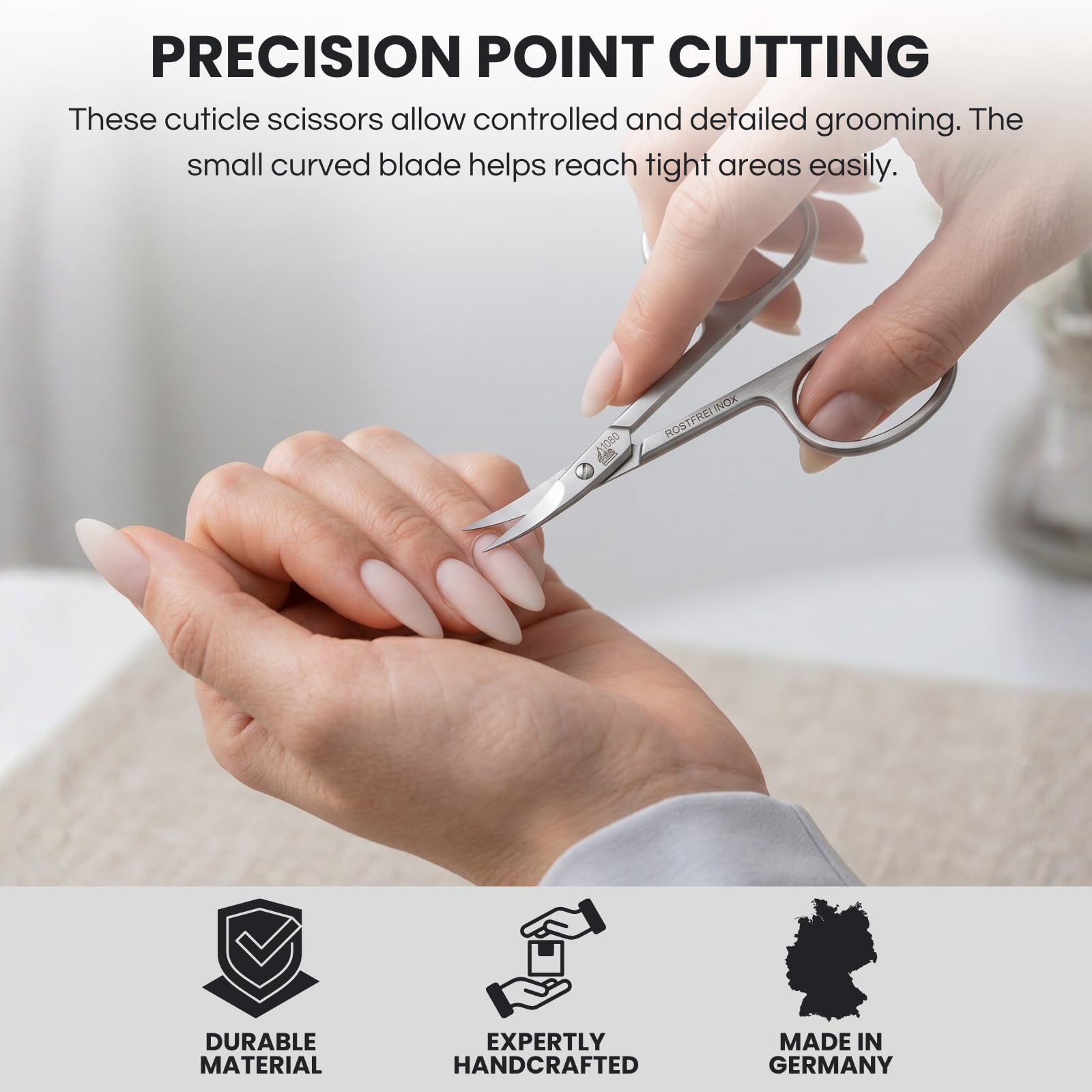 Erbe stainless steel cuticle trimmer highlighting the durable lap joint design for smooth cutting